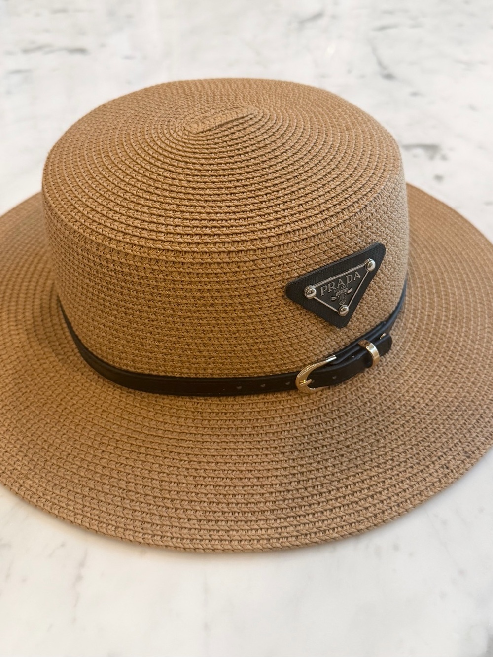 NotPrada Tan Straw Fedora with Black Trim and Logo Plaque - Picture 2 of 6